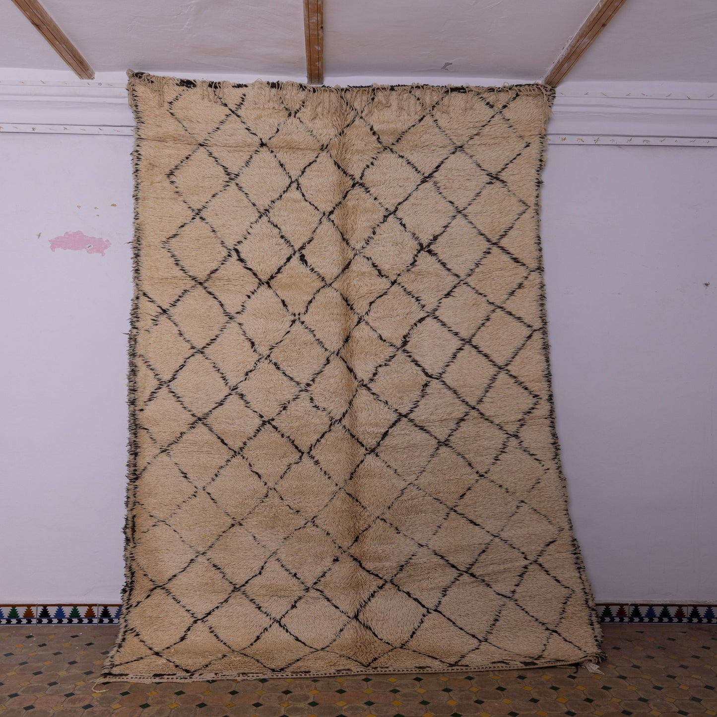 Vintage Moroccan Beni Ourain Rug | Handwoven Wool Berber Carpet | Authentic Tribal Diamond Design ; 11,81 ft / 6,23 ft