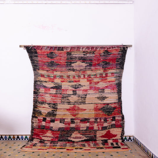 Vintage Bjaad Moroccan Rug – Handwoven Berber Wool Carpet with Bold Tribal Patterns & Deep Red Tones – Authentic Bohemian Decor