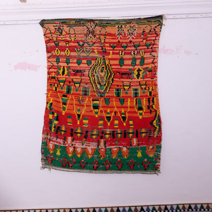 Vintage Moroccan Boujad Rug – Bold Geometric Patterns in Red, Green & Yellow – Handwoven Berber Wool