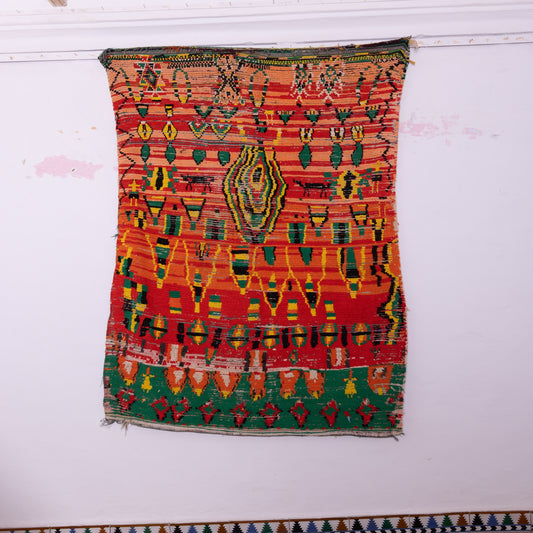 Vintage Moroccan Boujad Rug – Bold Geometric Patterns in Red, Green & Yellow – Handwoven Berber Wool