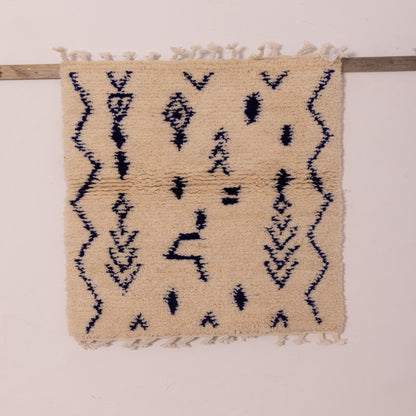 New Handmade Azilal Wool Rug - Geometric Blue Diamonds & Arrows - Moroccan Modern Decor