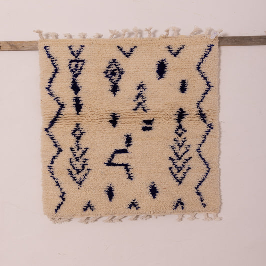 New Handmade Azilal Wool Rug - Geometric Blue Diamonds & Arrows - Moroccan Modern Decor