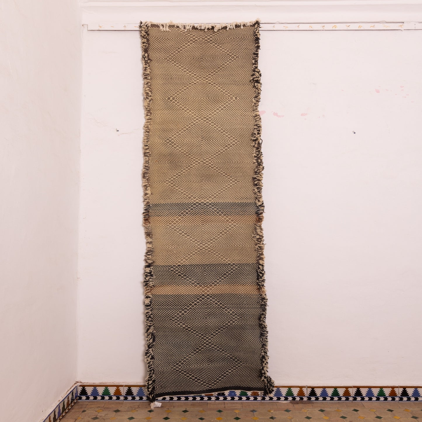 Monochrome Diamond Corridor Runner - Handwoven Wool Hallway Rug