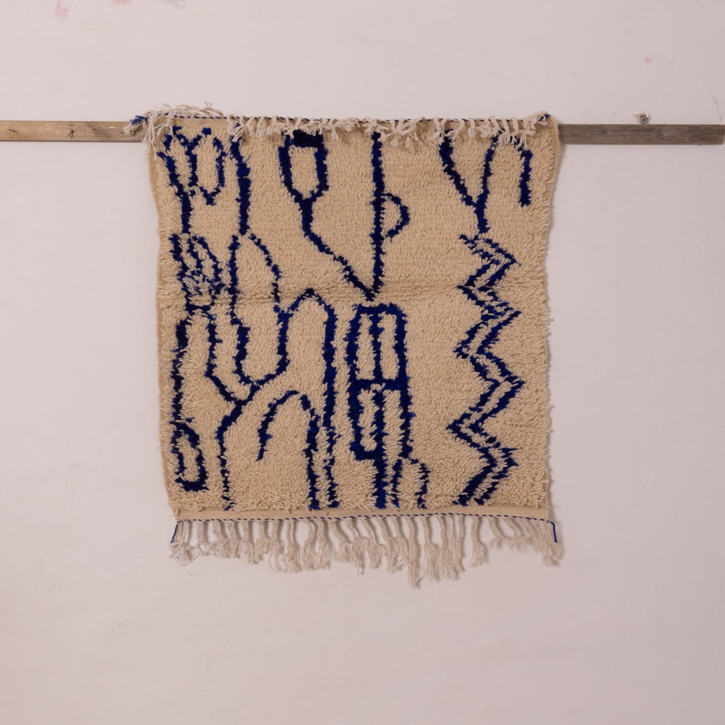 New Handmade Azilal Wool Rug - Abstract Blue Geometric Design - Moroccan Boho Chic Floor or Wall Decor