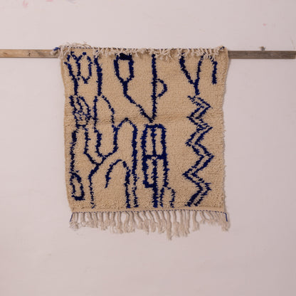 New Handmade Azilal Wool Rug - Abstract Blue Geometric Design - Moroccan Boho Chic Floor or Wall Decor
