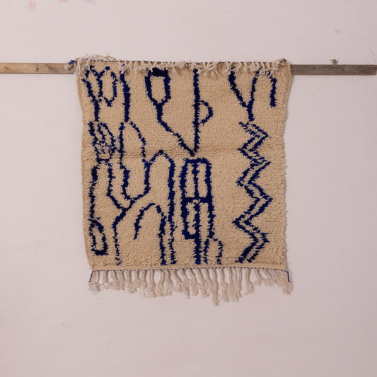New Handmade Azilal Wool Rug - Abstract Blue Geometric Design - Moroccan Boho Chic Floor or Wall Decor