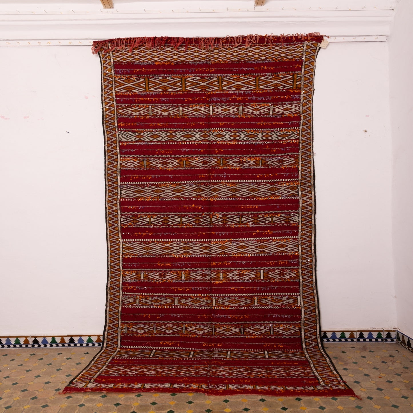 Large Vintage Moroccan Kilim Rug | Handwoven Berber Carpet | Red Tribal Wool Flatweave ; 12,63 ft / 5,41 ft