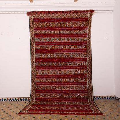 Large Vintage Moroccan Kilim Rug | Handwoven Berber Carpet | Red Tribal Wool Flatweave ; 12,63 ft / 5,41 ft