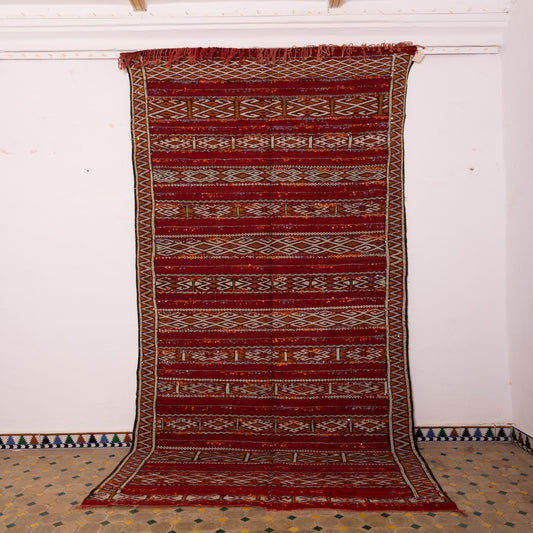 Large Vintage Moroccan Kilim Rug - Handwoven Berber Carpet - Red Tribal Wool Flatweave