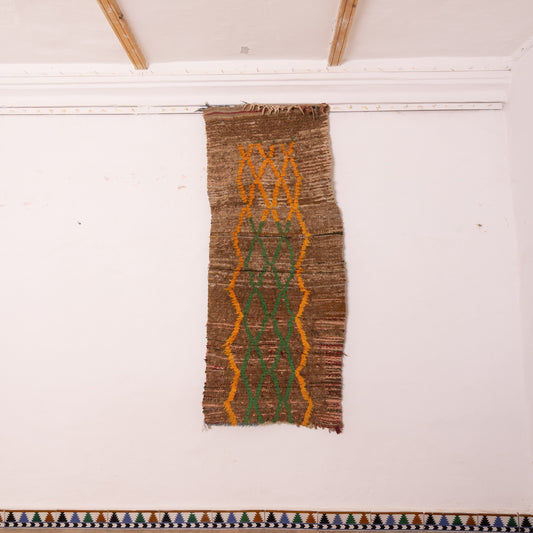 Vintage Moroccan Corridor Rug - Rustic Brown Wool Runner with Tribal Diamond Pattern - Handwoven Berber Hallway Carpet
