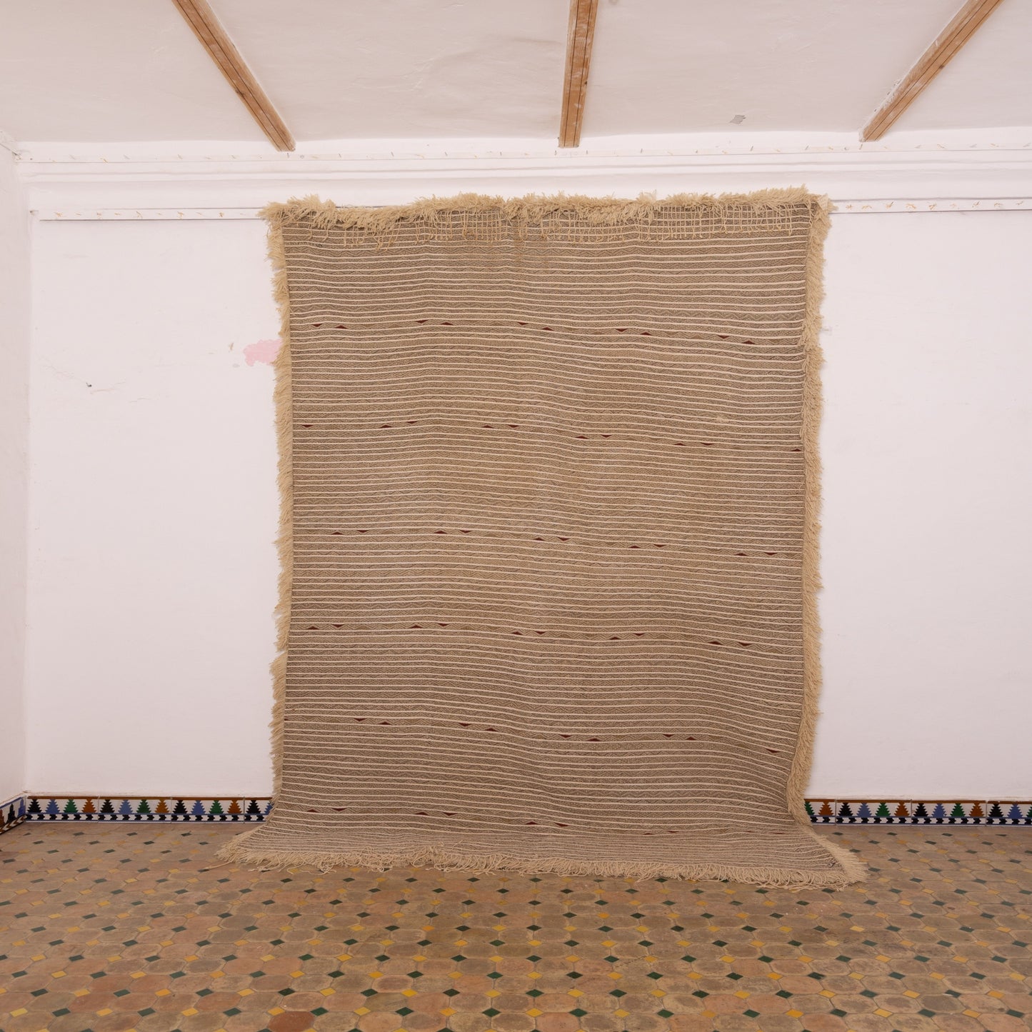 Authentic Vintage Moroccan Handira Rug | Beige Berber Striped Wool Blanket | Handwoven Bohemian Textile ;  10,99 ft / 6,23 ft