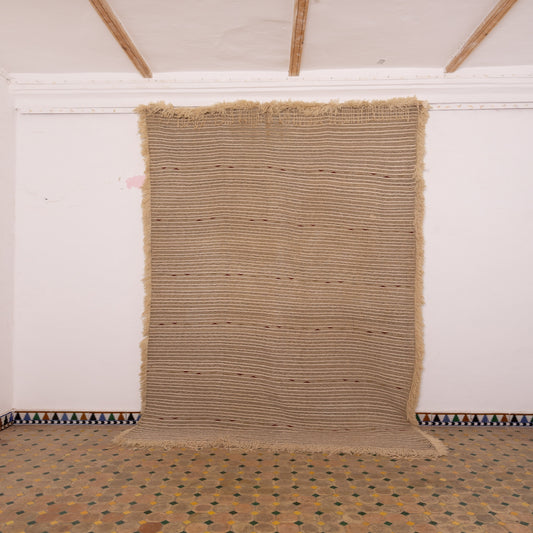 Authentic Vintage Moroccan Handira Rug - Beige Berber Striped Wool Blanket - Handwoven Bohemian Textile