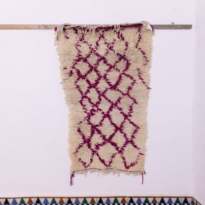 Vintage Moroccan Azilal Rug - Shaggy Cream Wool Runner with Fuchsia Diamond Pattern