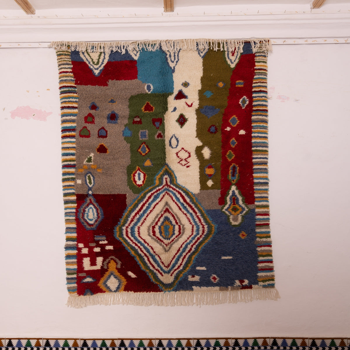 Colorful Azilal Rug - Moroccan Tribal Berber Carpet - Handwoven 80% Wool 20% Cotton - Geometric Abstract Area Rug