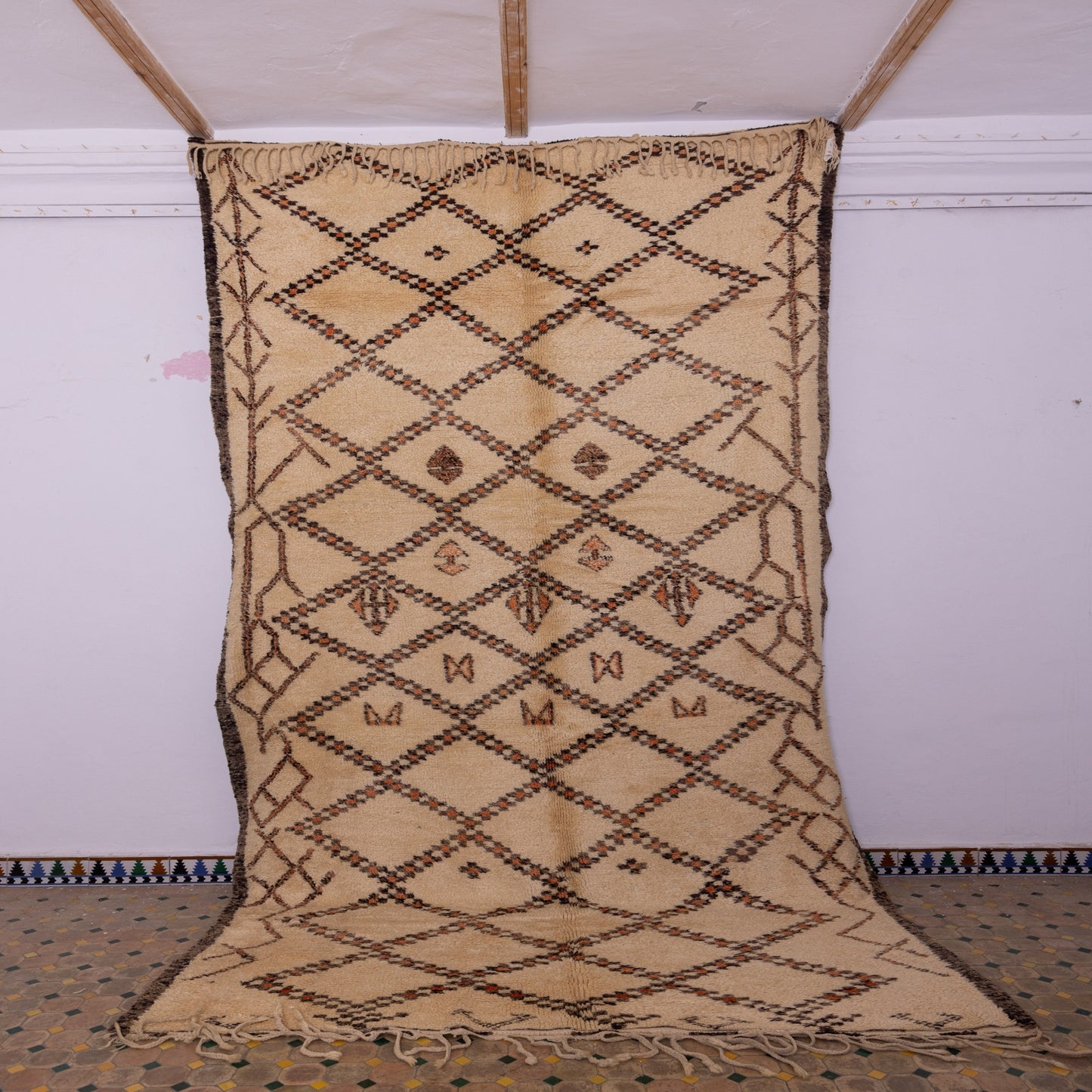 Handwoven Vintage Moroccan Berber Rug – Intricate Geometric & Tribal Design ;  13,94 ft  /  6,89 ft