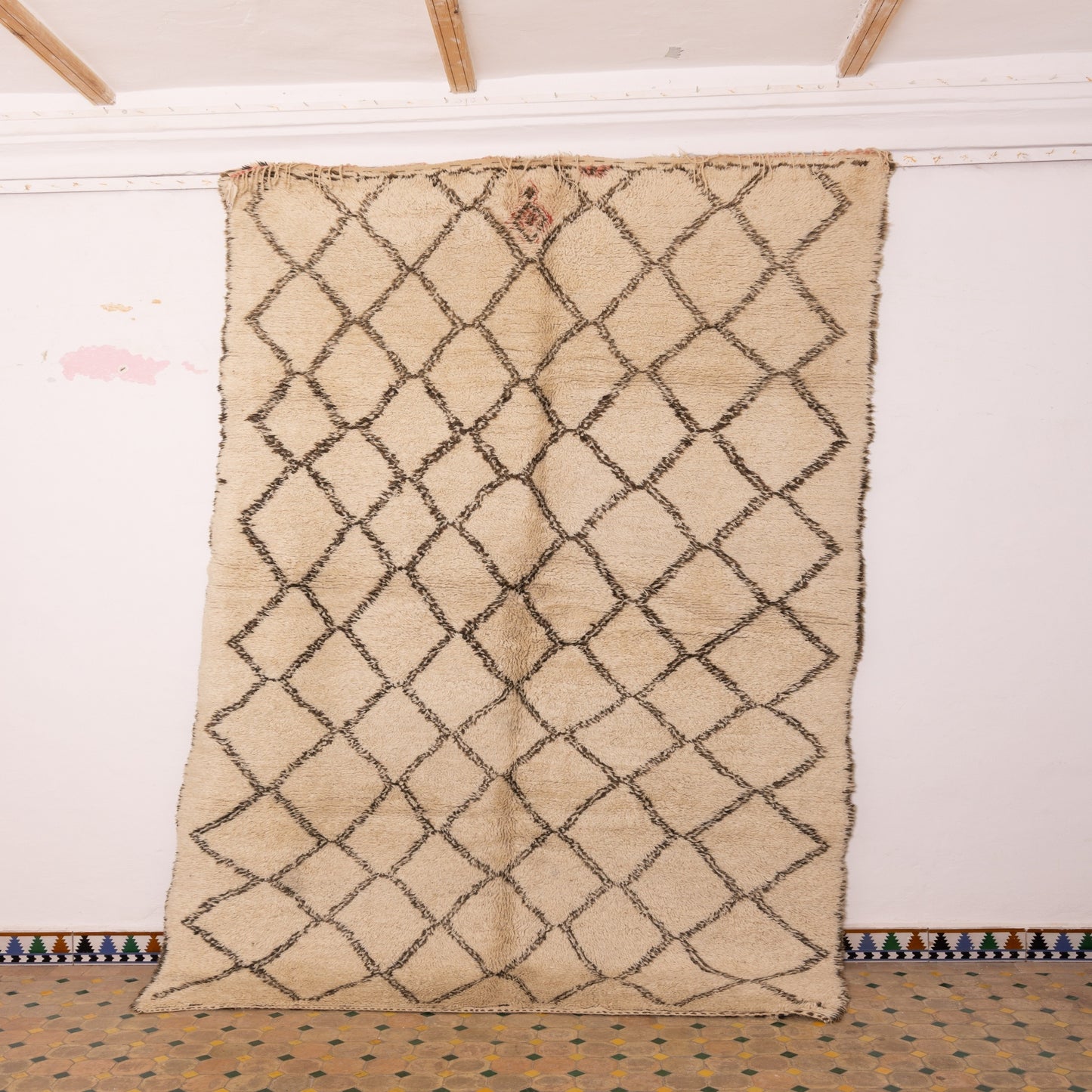 Vintage Moroccan Beni Ourain Rug | Handwoven Wool Tribal Carpet | Authentic Berber Design | Cream & Black | Large Area Rug | 100% Wool ;  11,15 ft / 6,56 ft