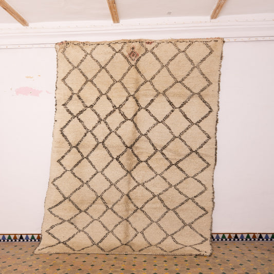Vintage Moroccan Beni Ourain Rug - Handwoven Wool Tribal Carpet - Authentic Berber Design - Cream & Black - Large Area Rug