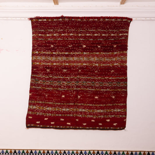 Vintage Moroccan Red Wool Rug - Handmade Berber Carpet with Tribal Embroidery