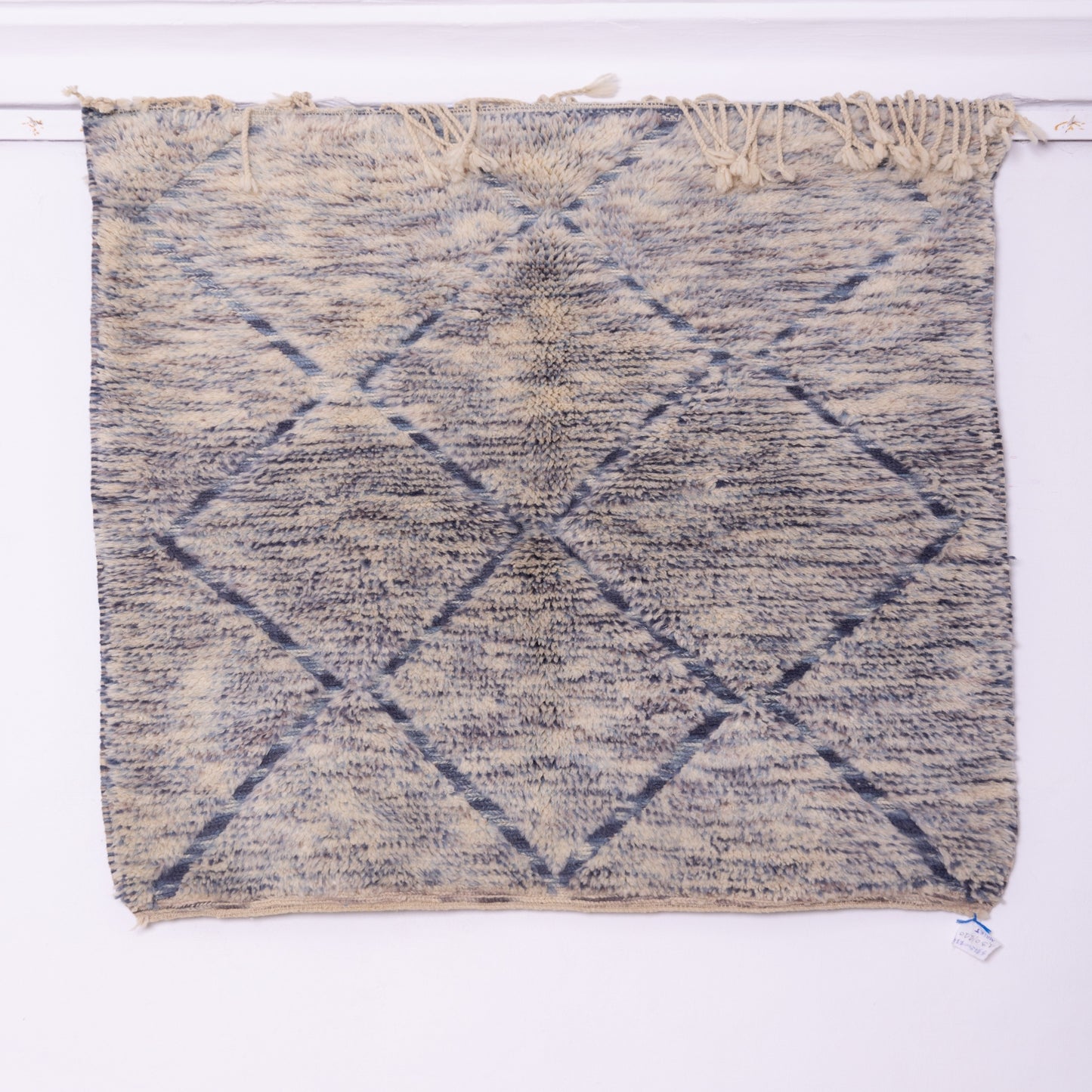 Handwoven Moroccan Wool Rug – Vintage Beni Ourain Style – Blue & Beige Geometric Berber Carpet – Soft Wool Area Rug