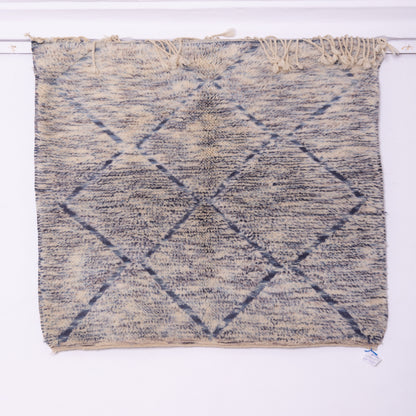 Handwoven Moroccan Wool Rug – Vintage Beni Ourain Style – Blue & Beige Geometric Berber Carpet – Soft Wool Area Rug