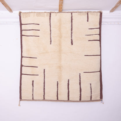 Minimalist Moroccan Wool Rug – Handwoven Berber Beni Ourain Style – Cream with Geometric Brown Lines – Boho Chic Decor