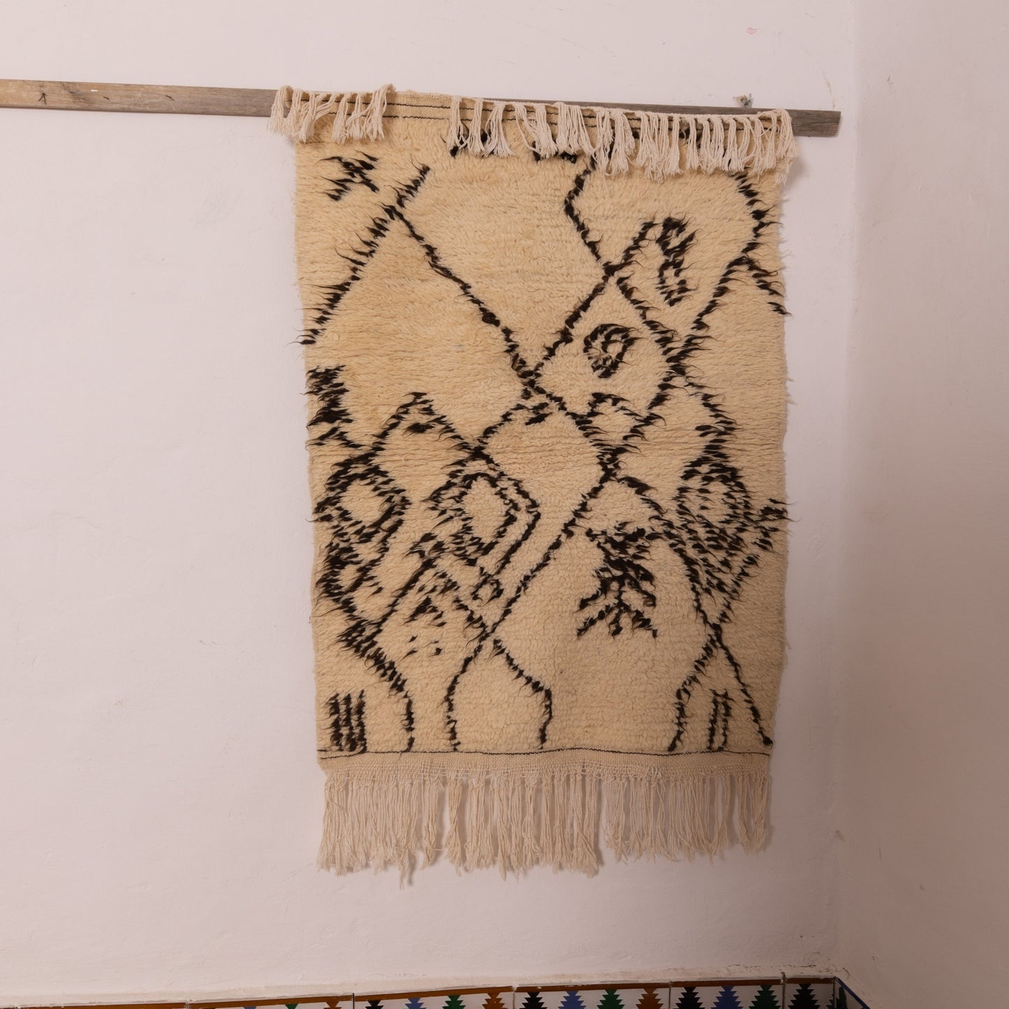 Neutral Berber Wool Rug - Handwoven Moroccan Azilal Runner - Tribal Diamond & Tree Motif