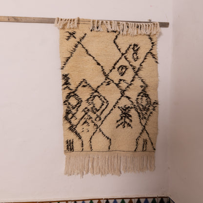 Neutral Berber Wool Rug - Handwoven Moroccan Azilal Runner - Tribal Diamond & Tree Motif