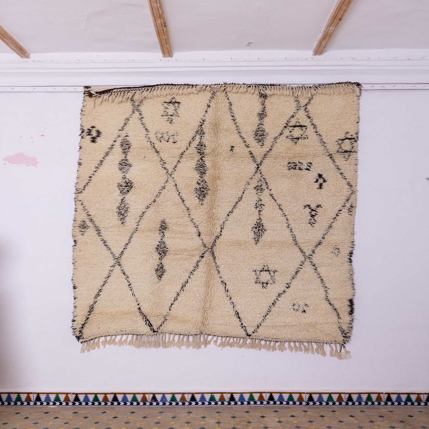 Vintage Moroccan Beni Ourain Rug – Handwoven Wool Berber Carpet – Unique Tribal Diamond Design ;  7,87 ft / 6,73 ft