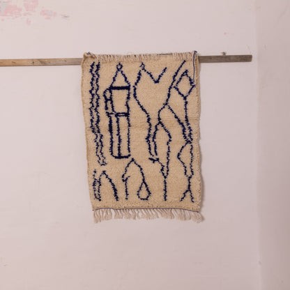 Handwoven Moroccan Wool Rug - Blue Tribal Geometric Patterns on Cream Base - Artisan Crafted