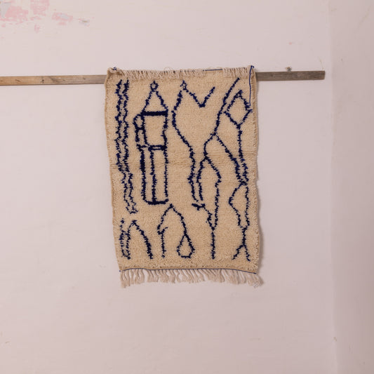 Handwoven Moroccan Wool Rug - Blue Tribal Geometric Patterns on Cream Base - Artisan Crafted