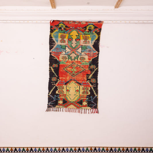 Vintage Moroccan Corridor Runner Rug - Handwoven Wool Hallway Carpet with Tribal Totem Motifs - Multicolor Taznakht-Style Berber Rug