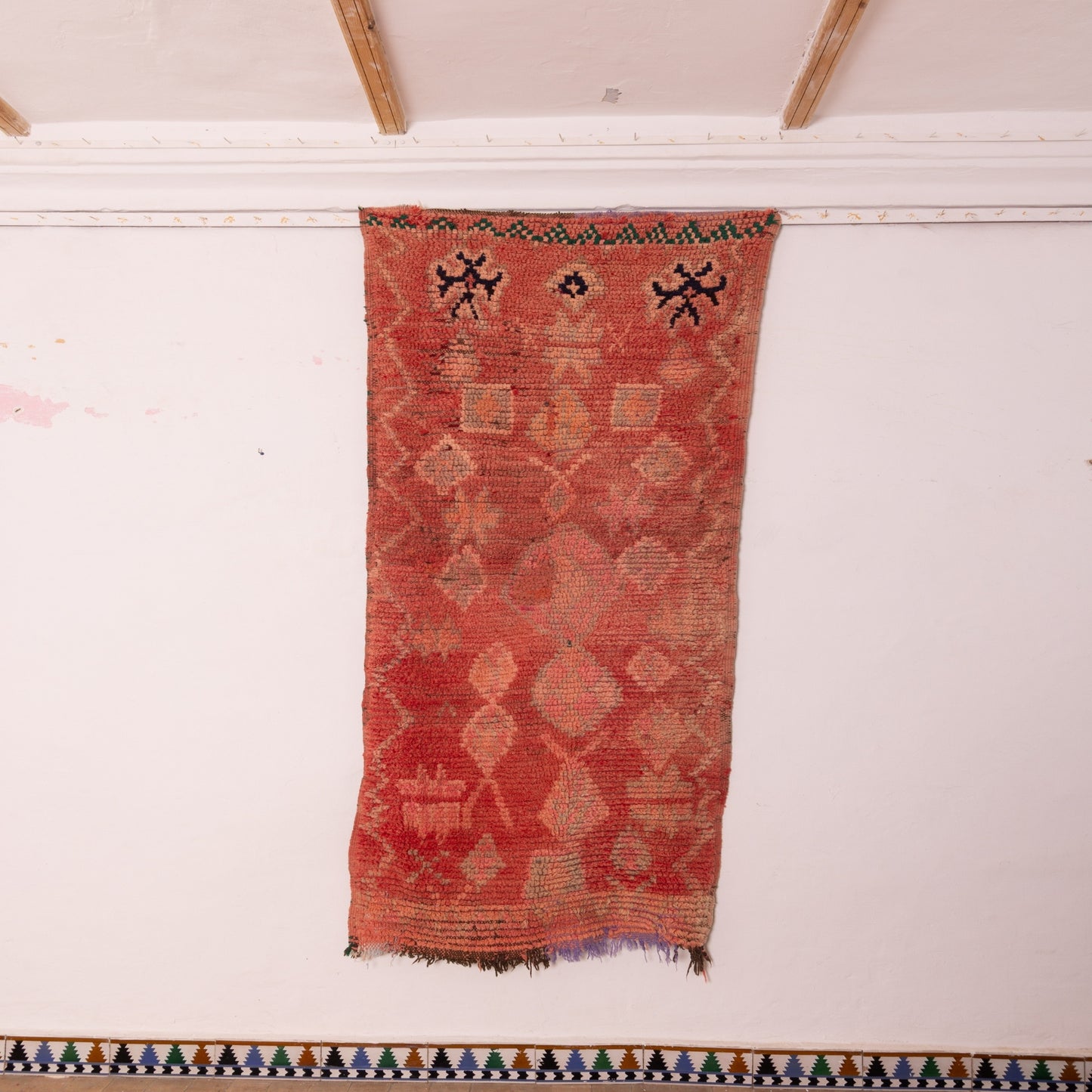 Vintage Moroccan Handwoven Runner Rug - Red with Geometric & Human Symbol Patterns - Wool & Cotton - 80% Wool 20% Cotton