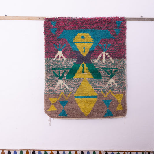 Symbolic Boujad Rug – New Moroccan Wool Rug – Berber Tribal Diamond Design – Mustard, Teal & Mauve Wall Hanging – Handmade Boho Decor