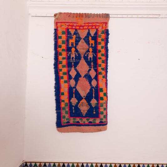 Vintage Moroccan Corridor Rug - Bold Wool Runner with Indigo Blue Diamond Motifs & Colorful Tribal Borders - Handmade Berber Hallway Carpet
