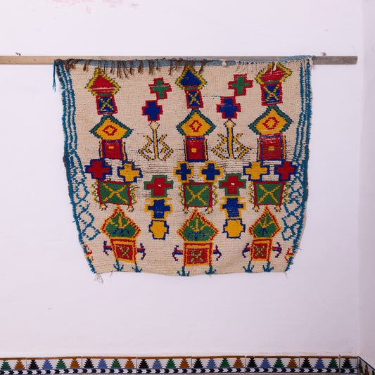 Vintage Azilal Wool Rug - Bold Tribal Motifs in Primary Colors - Moroccan Berber Handwoven Art