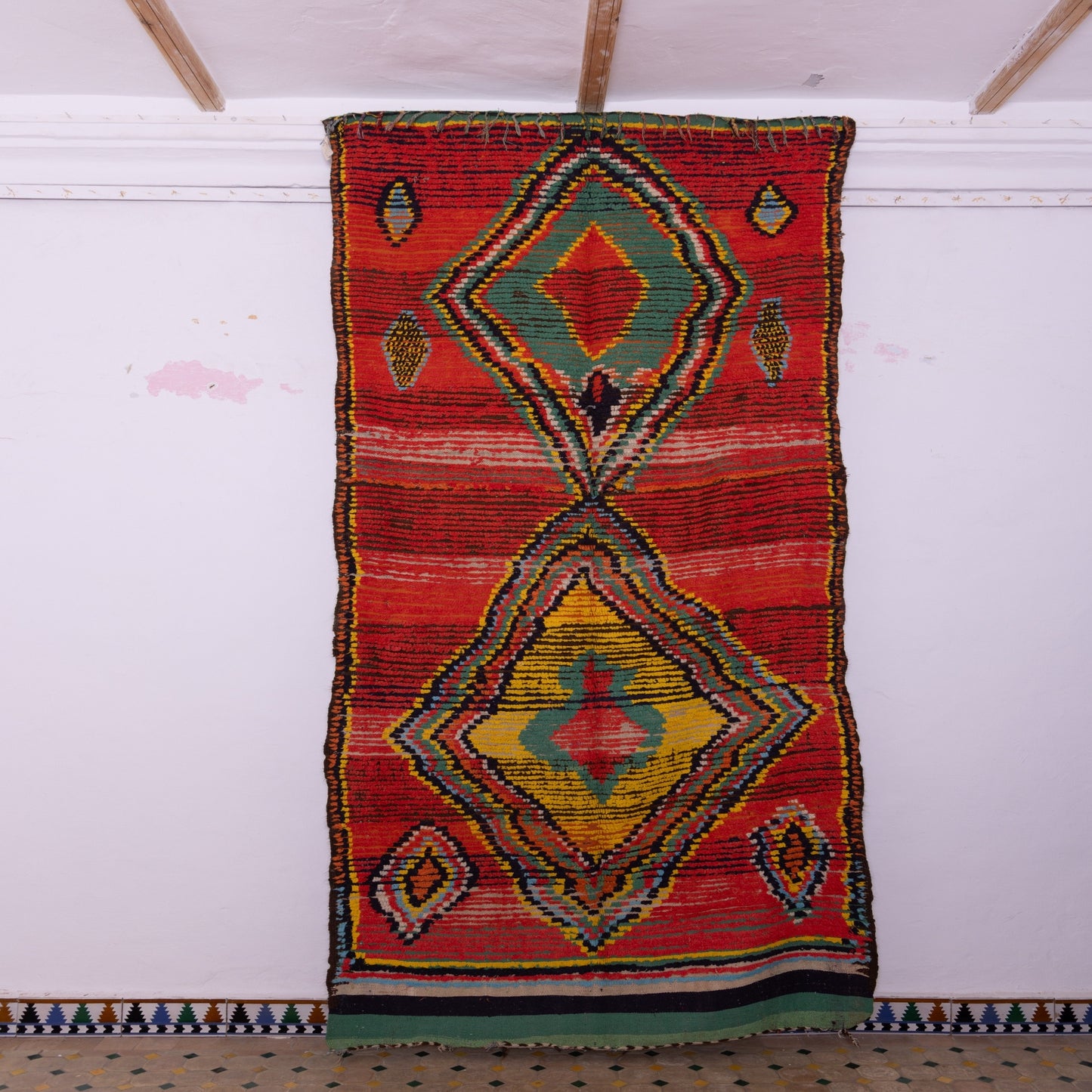 Vintage Moroccan Berber Rug – Handwoven Wool Boujad Carpet – Red, Green & Yellow Tribal Rug