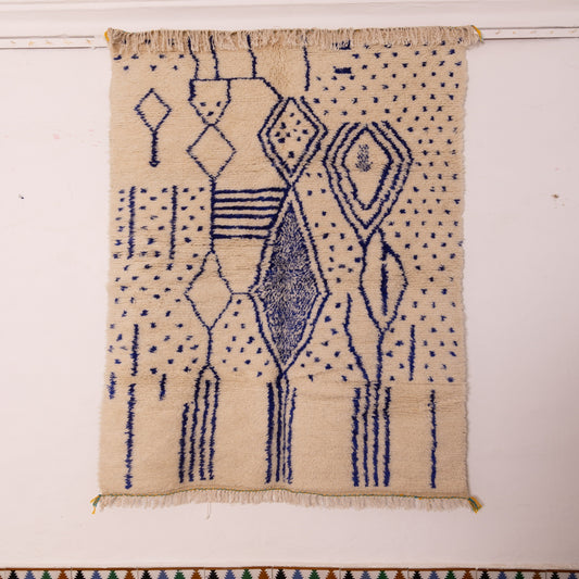 Blue Abstract Azilal Rug - Moroccan Handwoven Wool & Cotton Carpet - Contemporary Berber Art Piece - Mid-Size Boho Rug