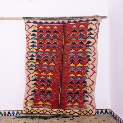 Vintage Moroccan Azilal Rug - Tribal Tree of Life Berber Carpet - 100% Wool Handwoven Textile in Bold Red, Yellow & Blue