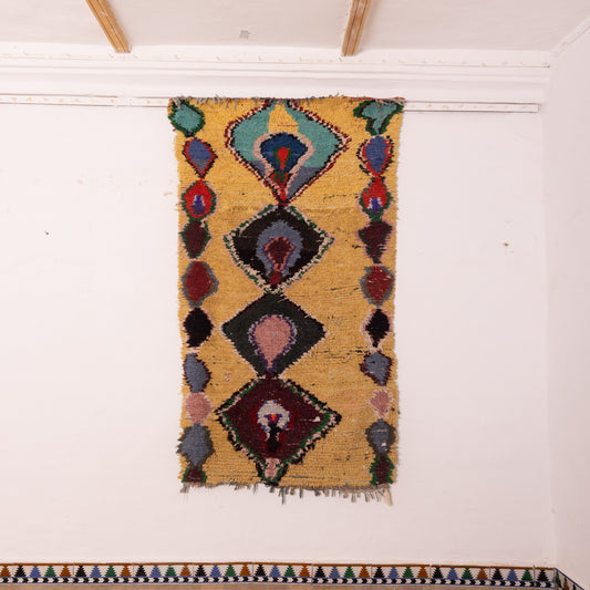 Vintage Moroccan Corridor Runner Rug - Handwoven Wool Hallway Carpet with Bold Tribal Motifs - Yellow Berber Long Rug