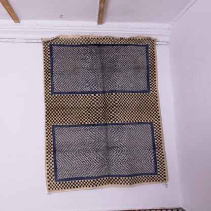 Handwoven Taznakht Moroccan Rug – 100% Wool Black & Beige Checkerboard with Intricate Blue Geometric Panels – Authentic Berber Craftsmanship ; 8,86 ft / 5,25 ft