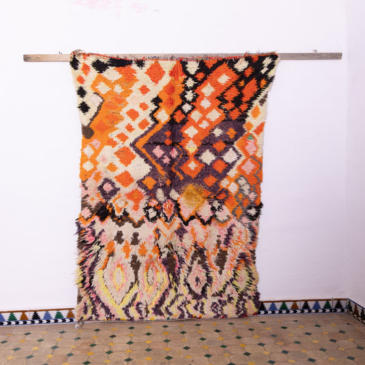 Vintage Moroccan Boucherouite Rug – Handwoven Berber Carpet with Vibrant Orange & Purple Geometric Design