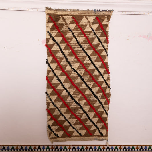 Vintage Moroccan Corridor Runner Rug - Handwoven Wool Berber Carpet with Triangle & Stripe Pattern - Long Hallway Rug in Brown, Red & Black