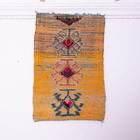 Vintage Moroccan Bjaad Rug – Handwoven Wool Tribal Runner – Authentic Berber Rug in Golden Yellow & Red