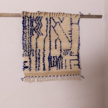 New Handmade Azilal Wool Rug - Abstract Blue Tribal Patterns on Cream - Moroccan Floor or Wall Decor