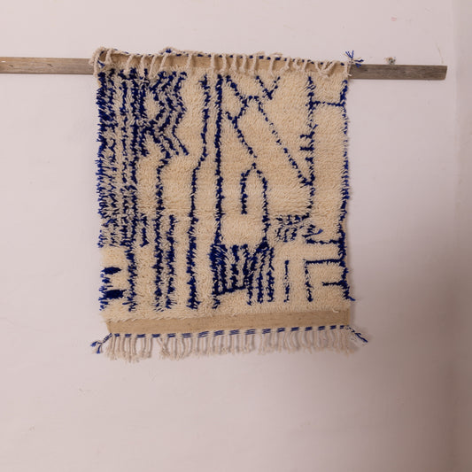 New Handmade Azilal Wool Rug - Abstract Blue Tribal Patterns on Cream - Moroccan Floor or Wall Decor