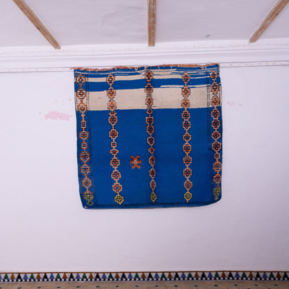Vintage Moroccan Wool Rug – Bold Blue & Beige Tribal Berber Carpet – Handwoven Geometric Design