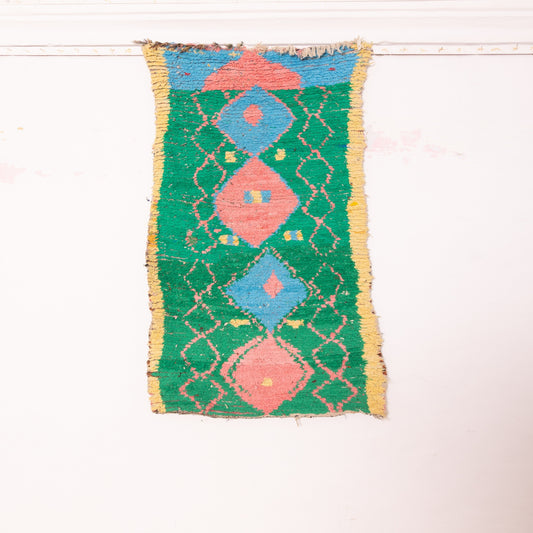 Vintage Moroccan Corridor Runner Rug - Colorful Geometric Wool Carpet - Handwoven Berber Design - Green, Pink, and Blue