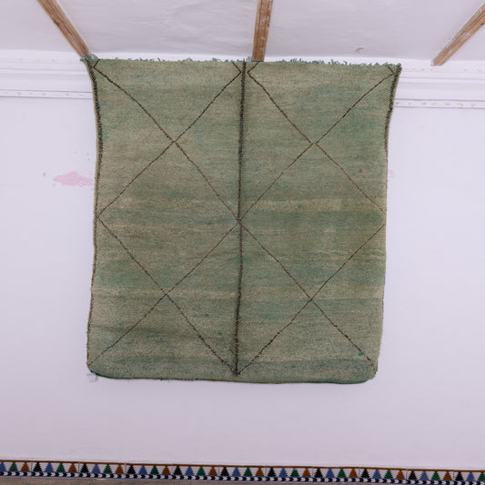 Vintage Green Moroccan Beni Ourain Rug - Handwoven Wool Berber Carpet - Diamond Pattern Tribal Rug - Authentic Mid-Century Moroccan Decor