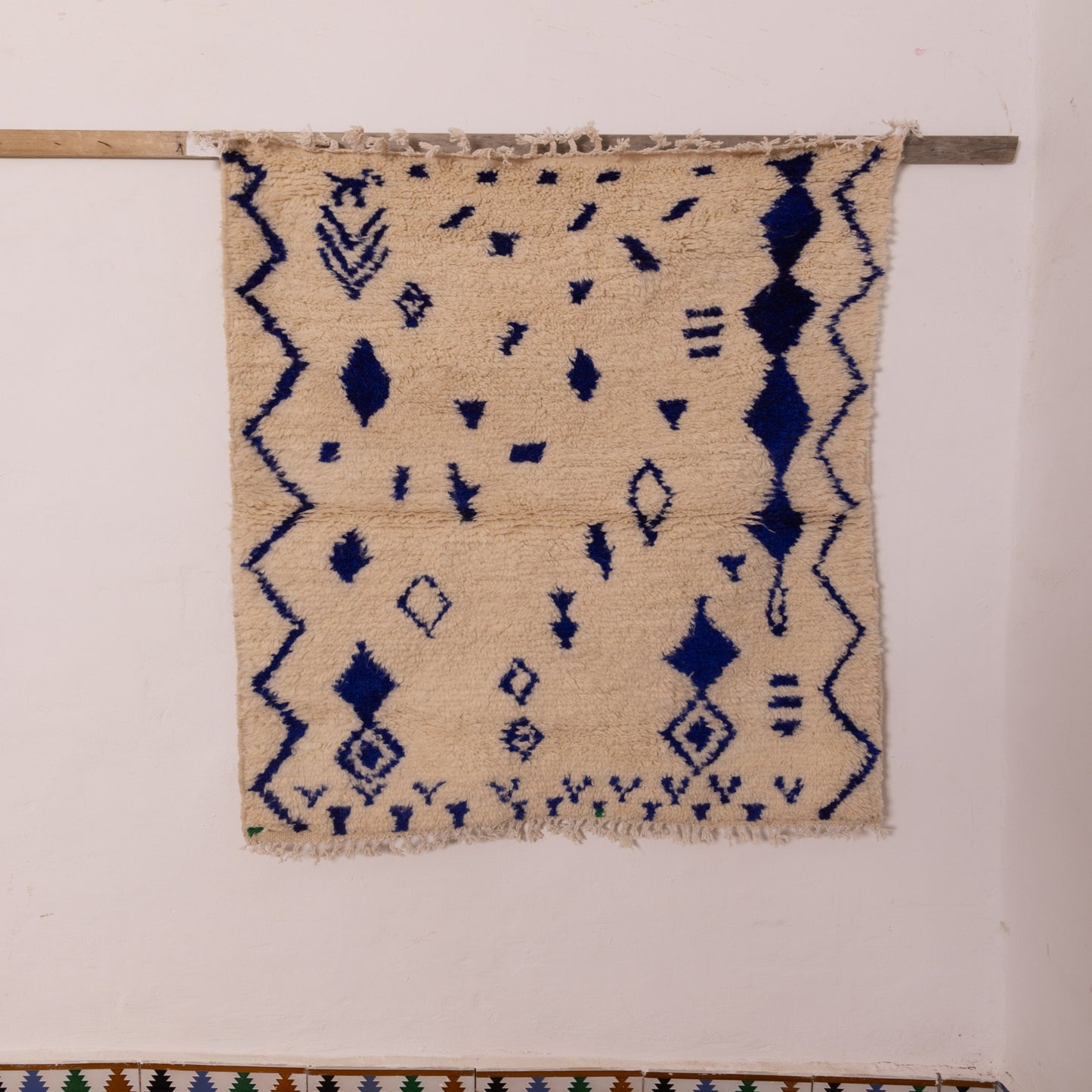 Blue Tribal Azilal Rug - Handmade Moroccan Wool & Cotton Carpet - Small Boho Berber Runner