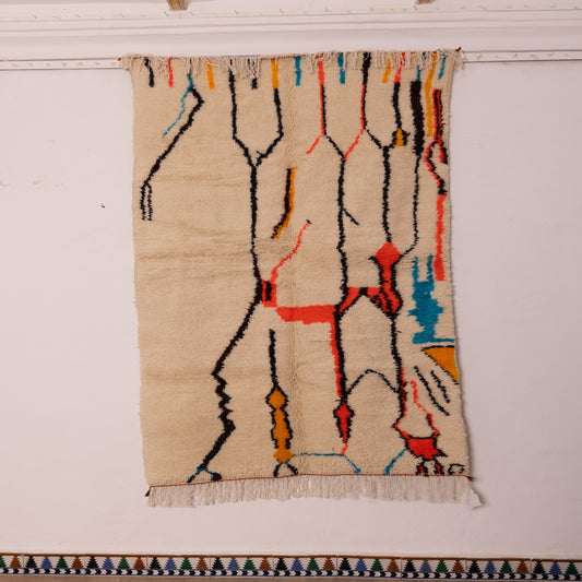 Modern Abstract Azilal Rug - Handwoven Moroccan Wool & Cotton Area Rug - Colorful Contemporary Berber Carpet - Cream Base with Bold Line
